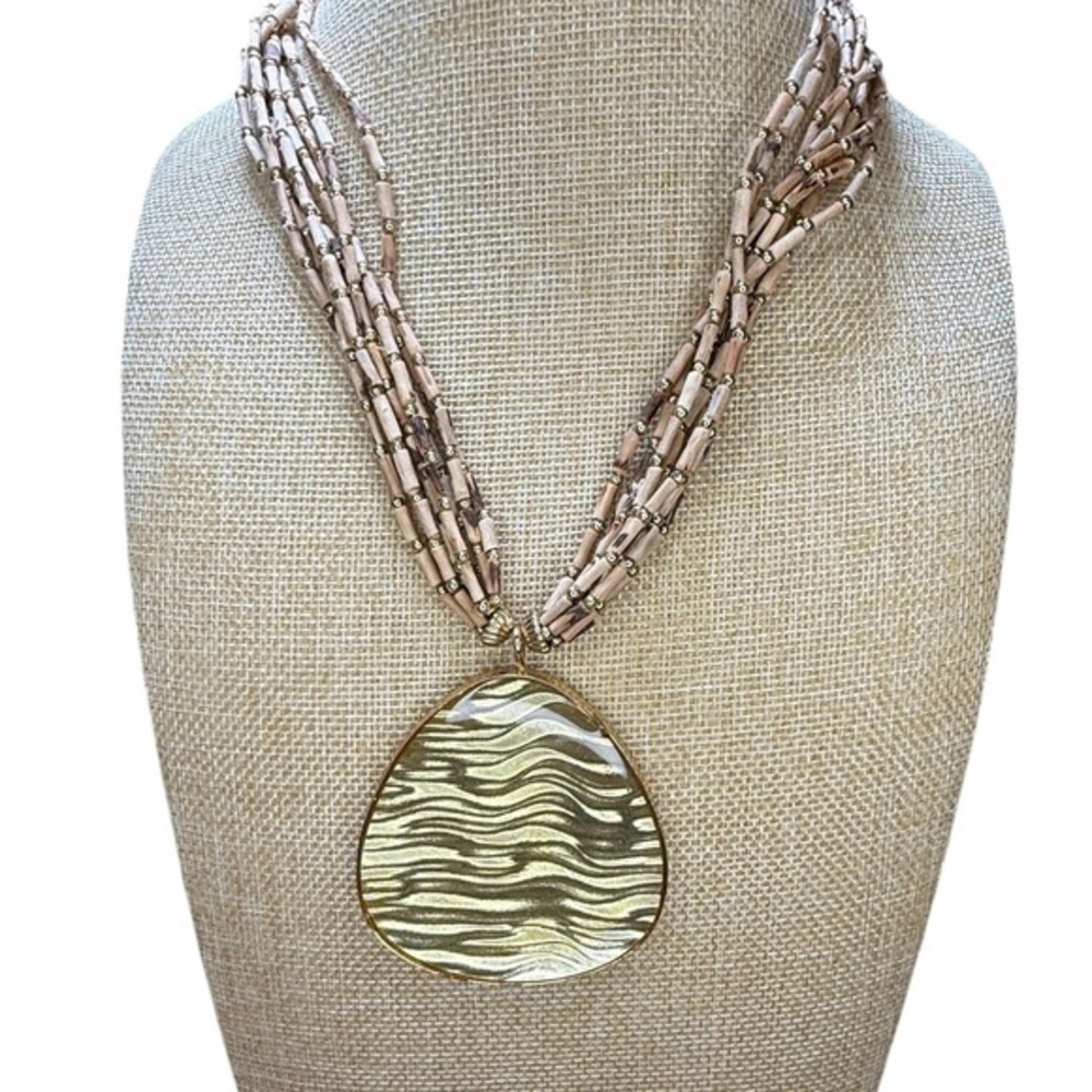 Chicos Gold Tone Resin Pendant Necklace Bohemian Coastal Multi‎ Strand Bead